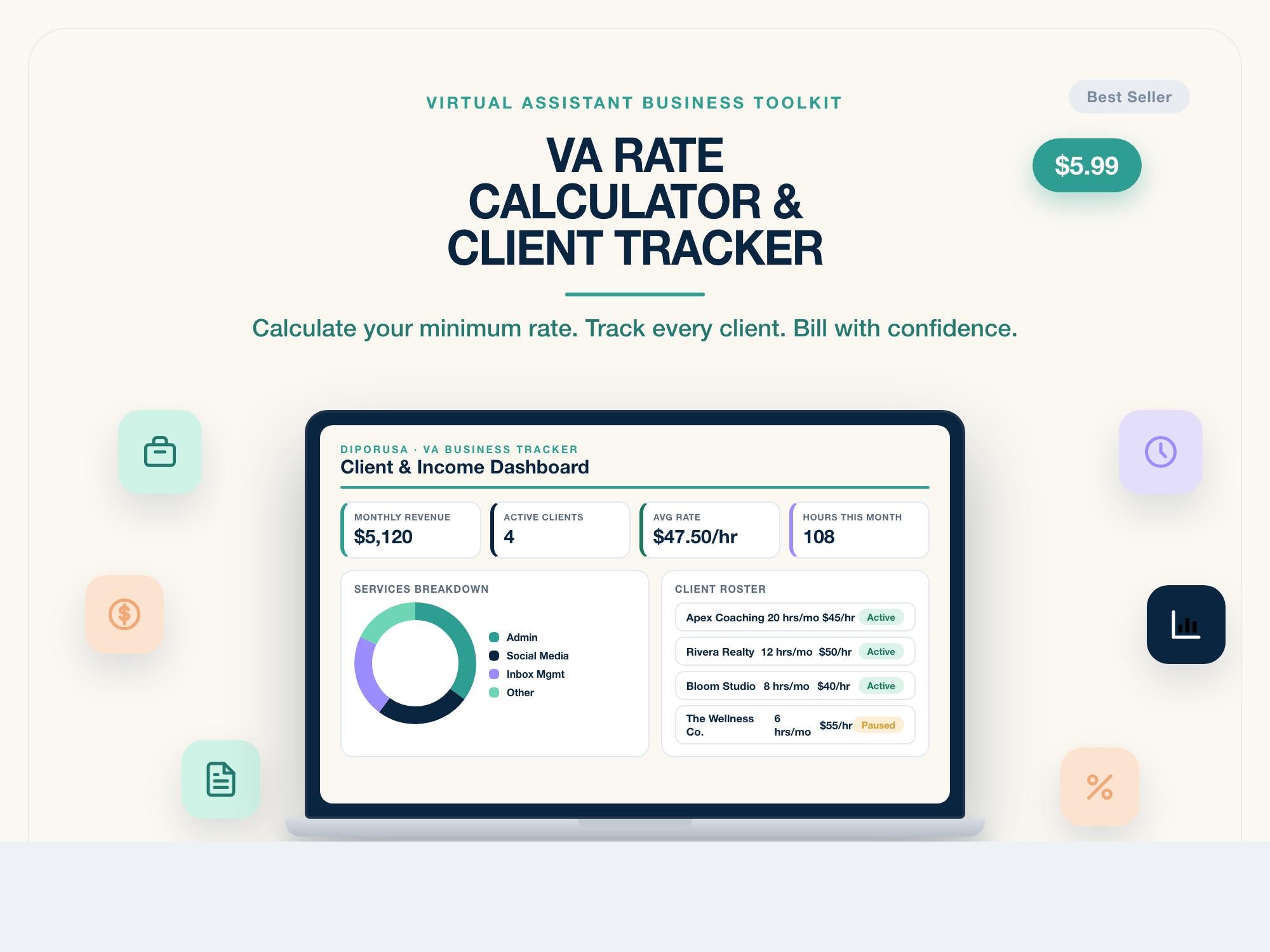VA Rate Calculator & Client Tracker | Virtual Assistant Hourly Rate | Income Log | Excel Google Sheets | Editable