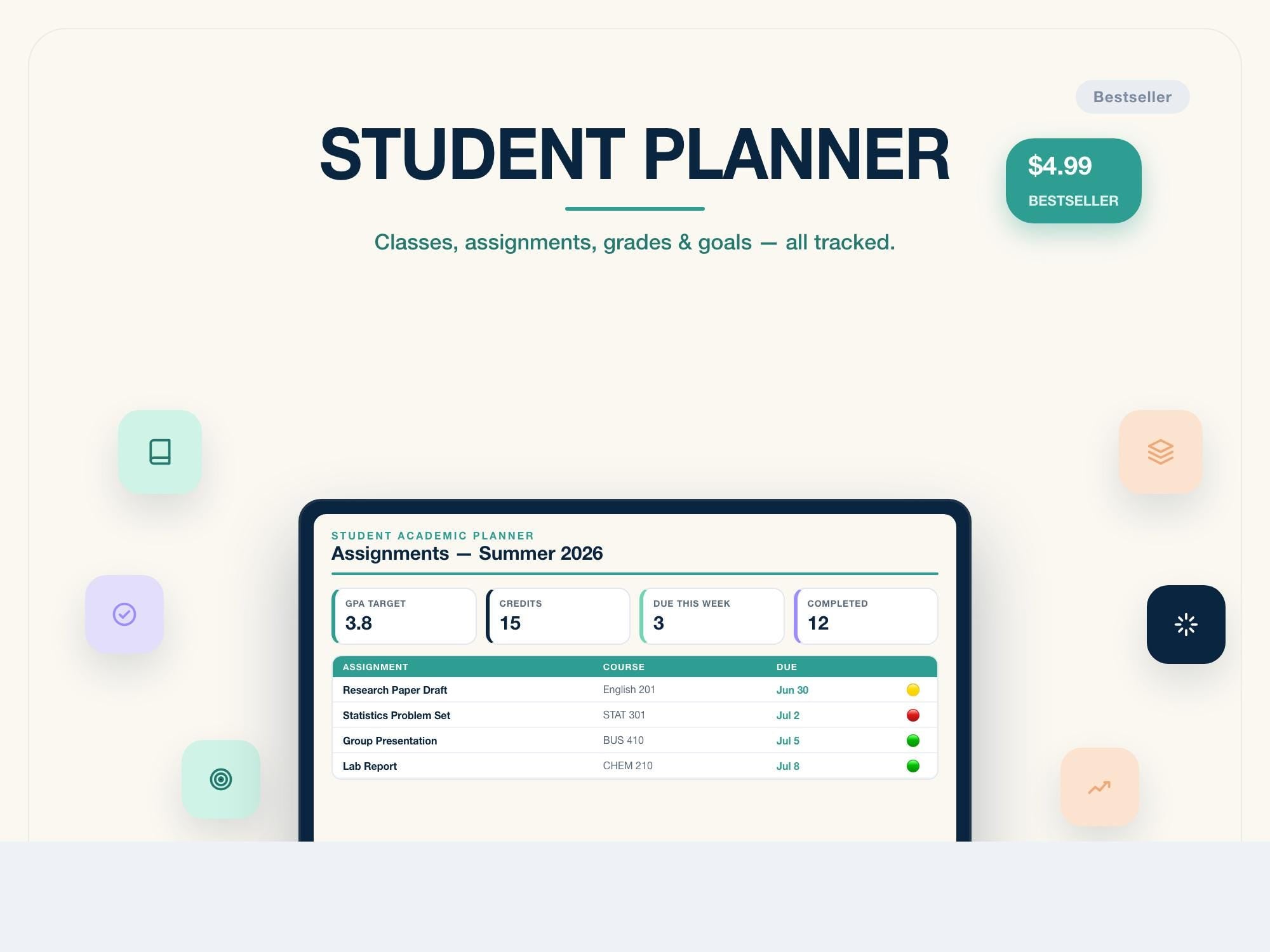 Student Digital Planner | Academic iPad GoodNotes Planner | Class Schedule Assignments Grades | Canva PDF | Instant Download