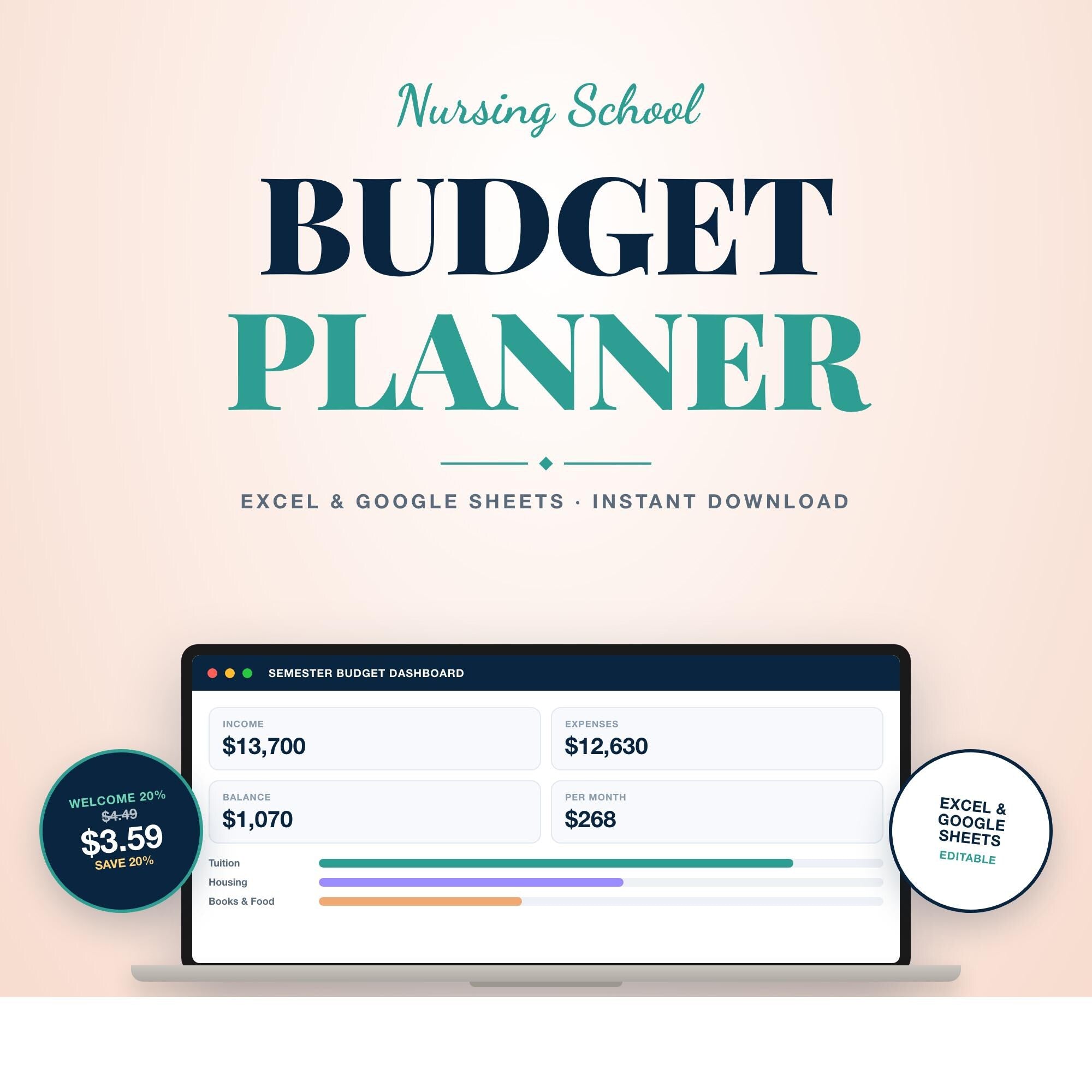 Nursing School Budget Planner Spreadsheet | Student Budget for Nursing Students | Excel & Google Sheets | Financial Aid Tracker