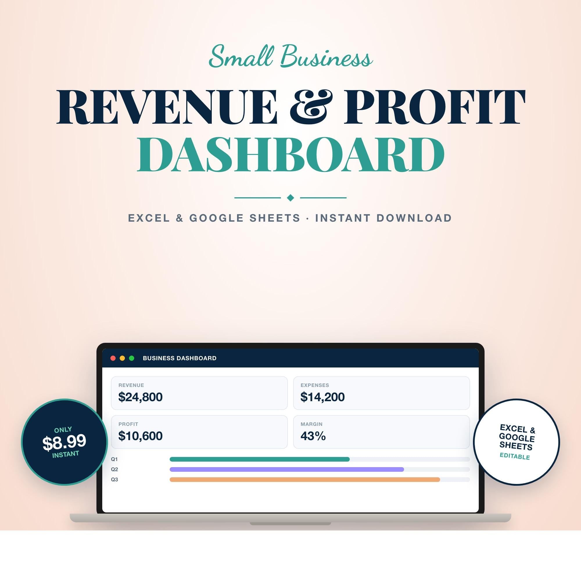 Small Business Dashboard | Revenue Expense & Profit Tracker | Google Sheets Excel Printable PDF | P and L Template