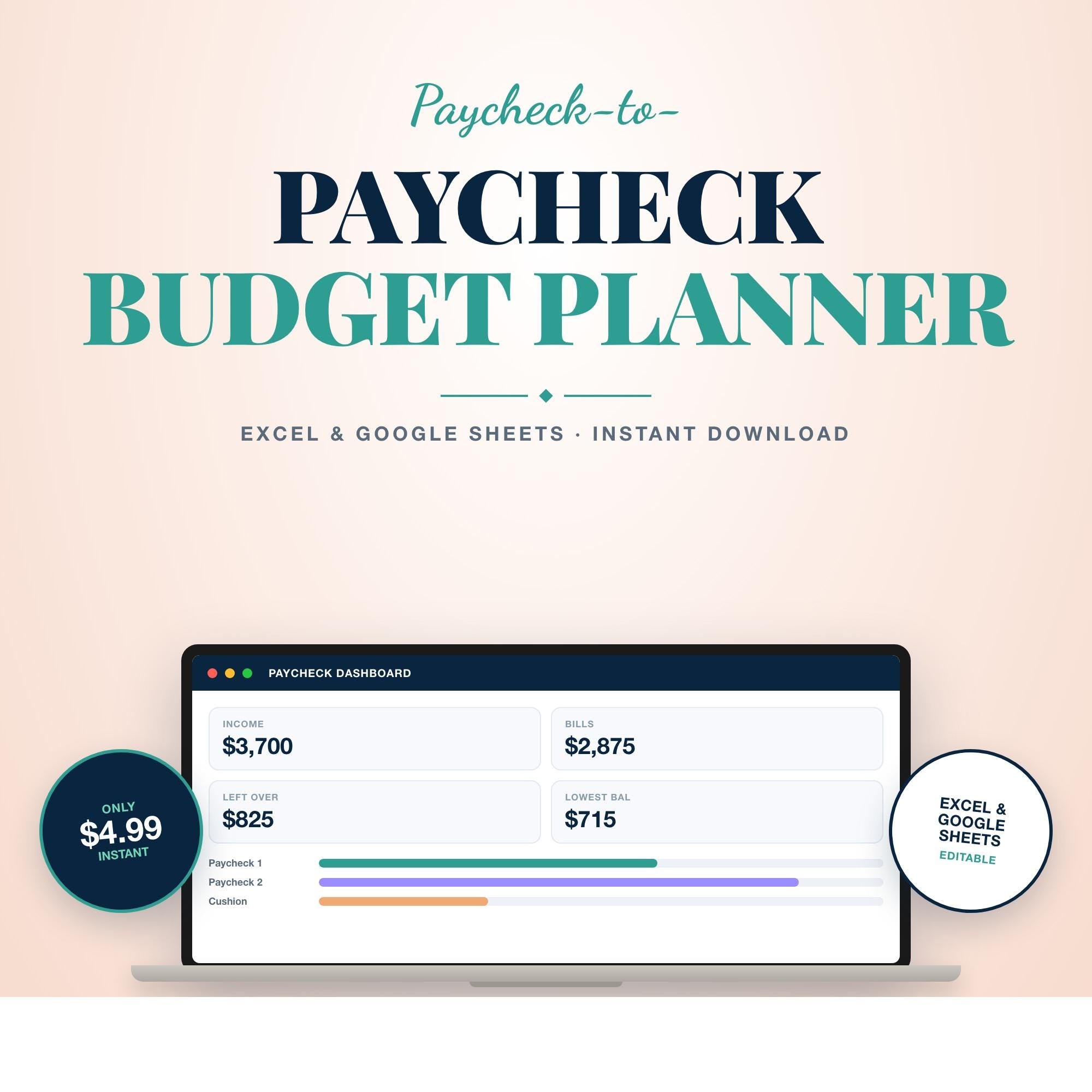 Paycheck to Paycheck Budget Planner, Biweekly Budget by Paycheck Spreadsheet, Excel & Google Sheets, Bill Planner Template